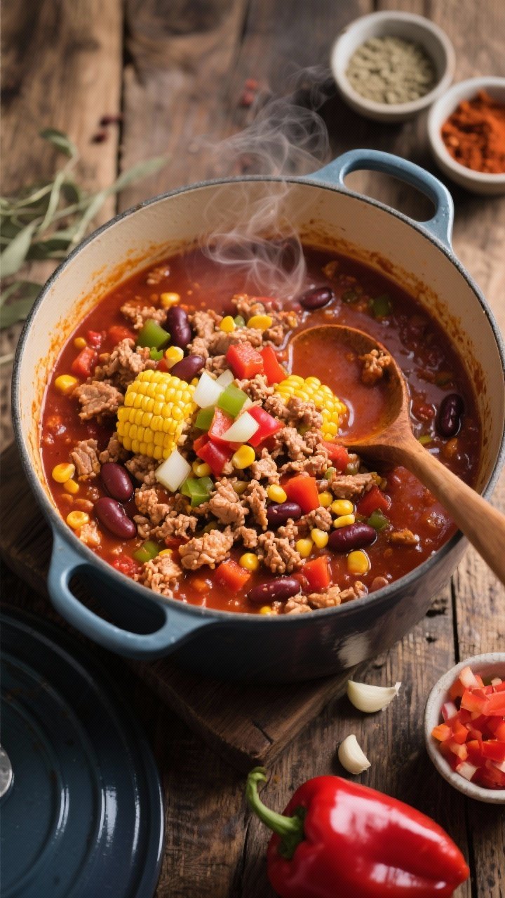 Overhead Dutch oven scene of smoky turkey chili with beans and sweet corn simmering: lean ground turkey, diced yellow onion, red bell pepper, minced garlic, olive oil base, chili spices, tender beans, and bright kernels of sweet corn. Ladle resting on the pot, swirls of steam, rich brick-red broth with visible vegetables and turkey crumbles. Include small bowls of spices and a chopped pepper on a rustic wooden table, cozy mood.