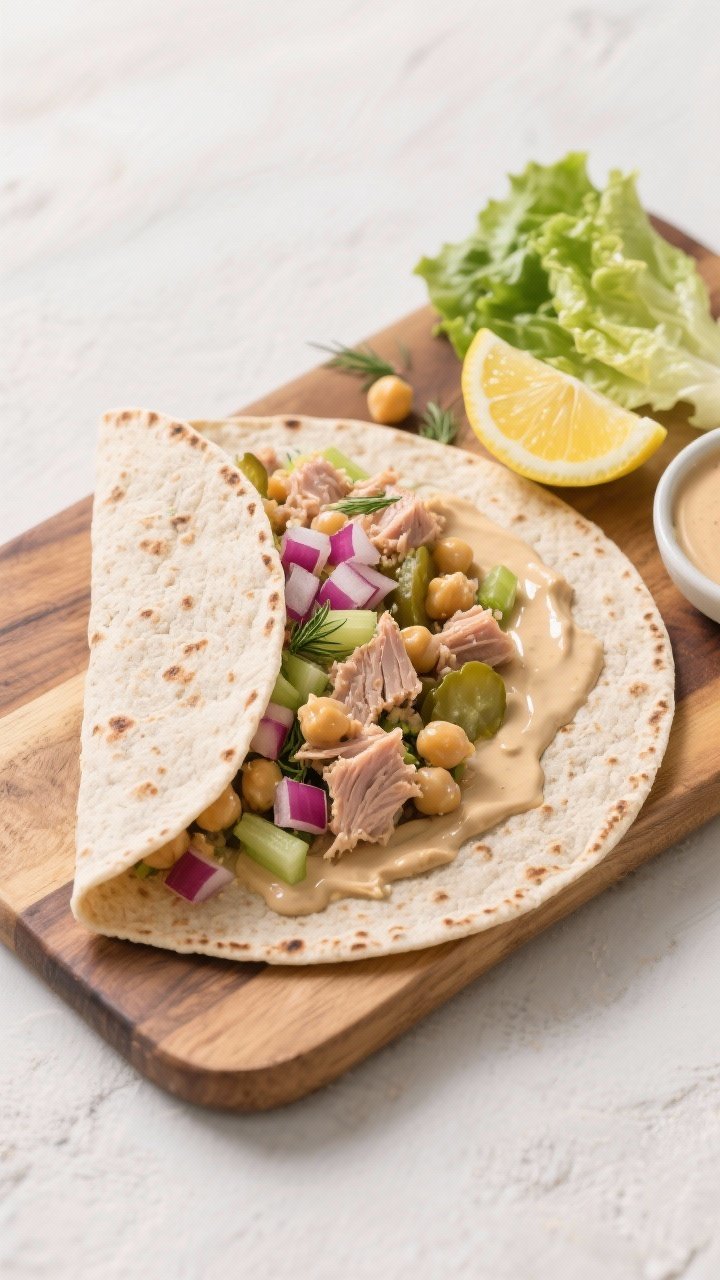 Overhead flat lay of a smashed chickpea and tuna crunch wrap being assembled on a wooden board: whole wheat tortilla spread with lemon-tahini drizzle, mound of mashed chickpeas and olive-oil tuna, finely diced red onion, chopped celery, chopped dill pickle scattered for texture; extra lemon wedge and small bowl of tahini sauce on the side; crisp lettuce for crunch peeking from the fold; bright, clean styling with crunchy textures emphasized, no people, professional studio lighting.