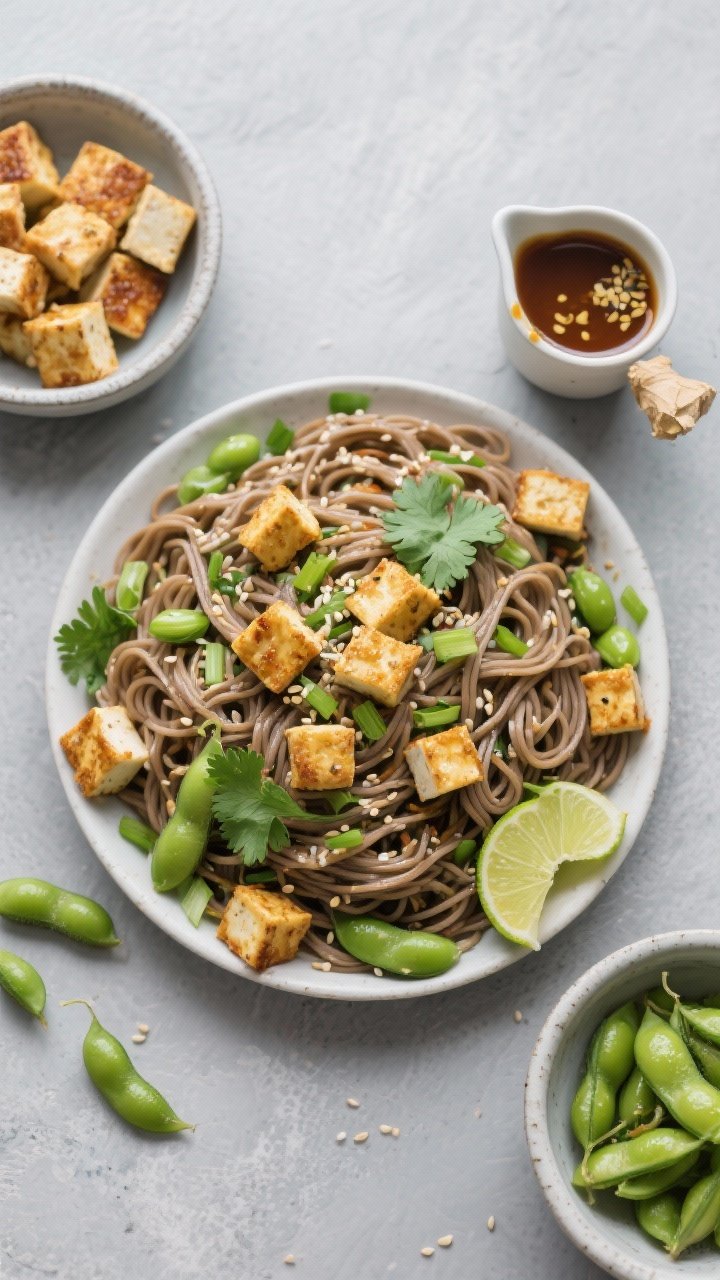Overhead flat lay of Miso-Ginger Soba Noodle Salad With Edamame and Crispy Tofu: tangle of buckwheat soba noodles tossed with bright green edamame, scallions, and sesame seeds, topped with golden cube-crisp tofu; glossy miso-ginger dressing in a small pouring cup with visible grated ginger; garnished with cilantro and lime wedges; neatly arranged prep bowls for tofu, edamame, and dressing along the frame edges; cool gray backdrop, clean, modern styling.