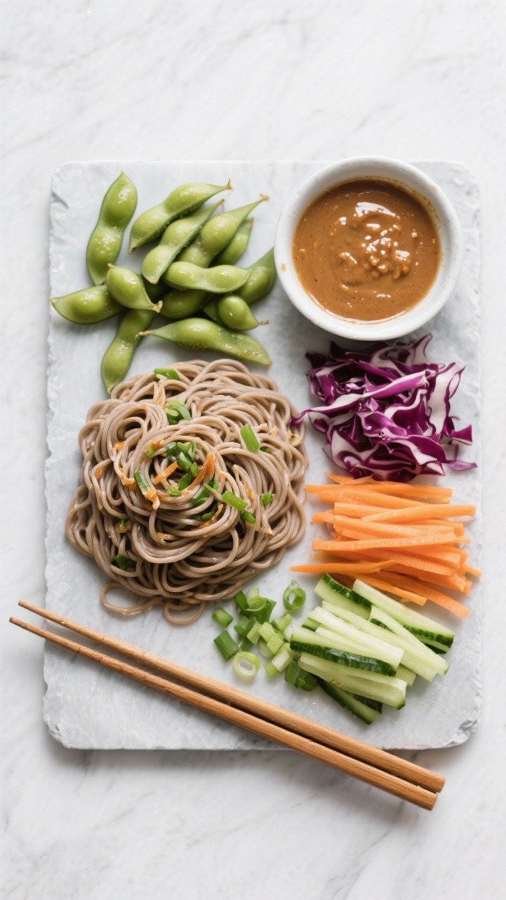 Overhead flat lay of miso-ginger soba salad prep: neatly arranged components on a light slate board—cooked buckwheat soba noodles, shelled edamame, shredded red cabbage, julienned carrot, thinly sliced cucumber, chopped scallions, and a small bowl of glossy miso-ginger dressing; contrasting colors and textures; chopsticks placed diagonally; clean, modern styling with a minimalist Japanese aesthetic.