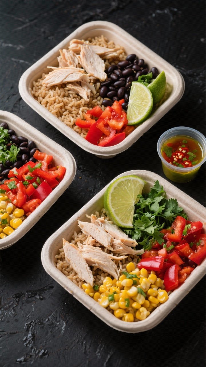 Overhead flat lay of no-heat Chili-Lime Chicken Burrito Bowls in meal-prep containers: shredded cooked chicken breast, cooled brown rice, black beans, sweet corn kernels, diced red bell pepper, chopped cilantro, lime wedges, and a small side cup of chili-lime vinaigrette; vibrant reds, yellows, and greens against a matte black surface, grains and bean textures crisp and distinct, bright citrus glisten, professional studio lighting, no people.