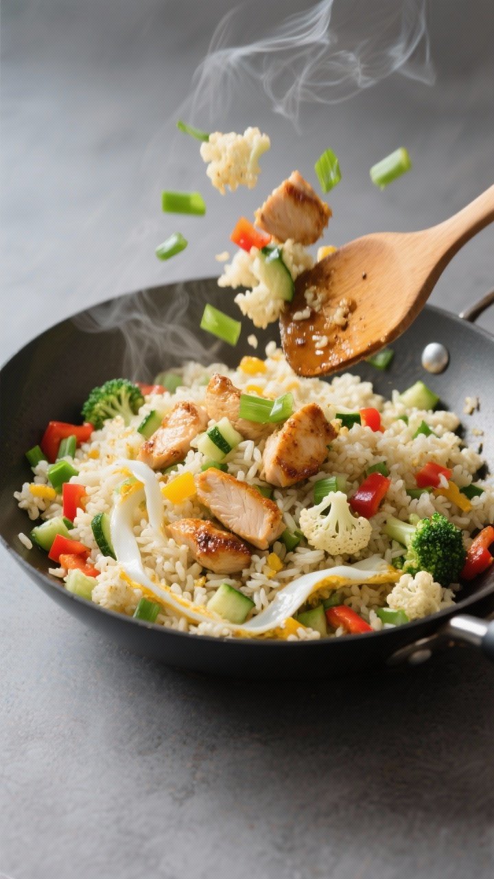 Overhead “fried rice” wok toss for Chicken Cauli-“Fried Rice” With Egg Ribbons: diced chicken thighs seared golden, riced cauliflower grains fluffy and separate, thin silky egg ribbons folded throughout. Dotted with mixed low-carb veg—tiny diced zucchini, bell pepper, and broccoli stem bits—creating green, red, and pale green pops. Light soy-brown seasoning, a few scallion slices on top. Motion-capture feel with a spatula mid-stir, minimal steam, crisp textures emphasized. Neutral gray background to make the colors pop.