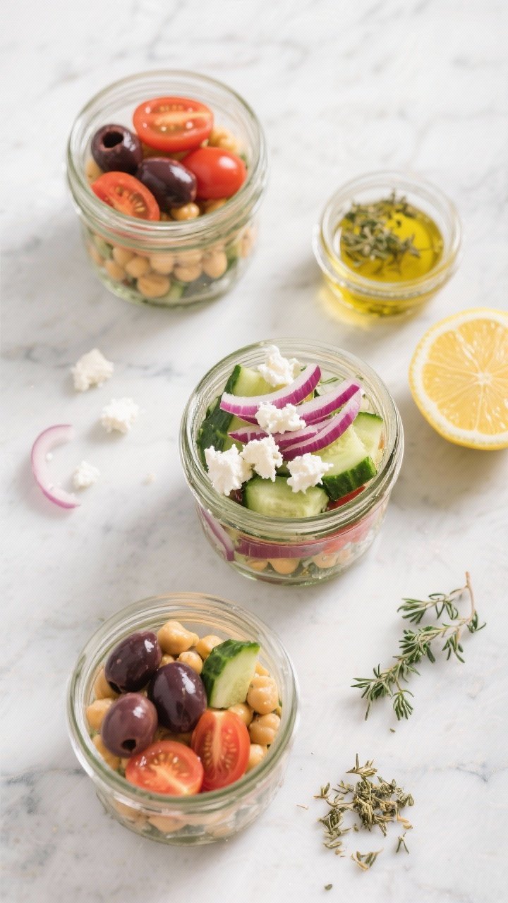Overhead ingredient-and-assembly flat lay of Greek chickpea salad jars: open mason jars layered with halved cherry tomatoes, diced English cucumber, thinly sliced red onion, halved Kalamata olives, and rinsed chickpeas. Crumbled feta and a small jar of lemon-oregano olive oil dressing on the side, lemon halves and dried oregano pinch scattered. Bright Mediterranean colors on a light marble background, clean and crisp textures emphasized.