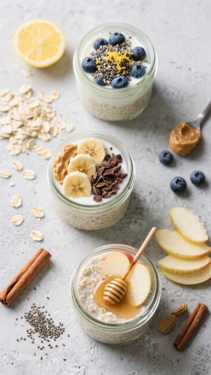 Overhead ingredient-and-finish trio for no-bake overnight oats three ways: three mason jars on a cool stone surface—base of creamy oats and milk/yogurt, then distinct toppings: 1) blueberry lemon zest with chia seeds, 2) peanut butter banana slices with cocoa nibs, 3) apple cinnamon with a drizzle of honey; surrounding ingredient scatter includes rolled oats, chia, cinnamon stick, peanut butter spoon, lemon, blueberries, apple wedges; clean, morning light, fresh and inviting breakfast mood.