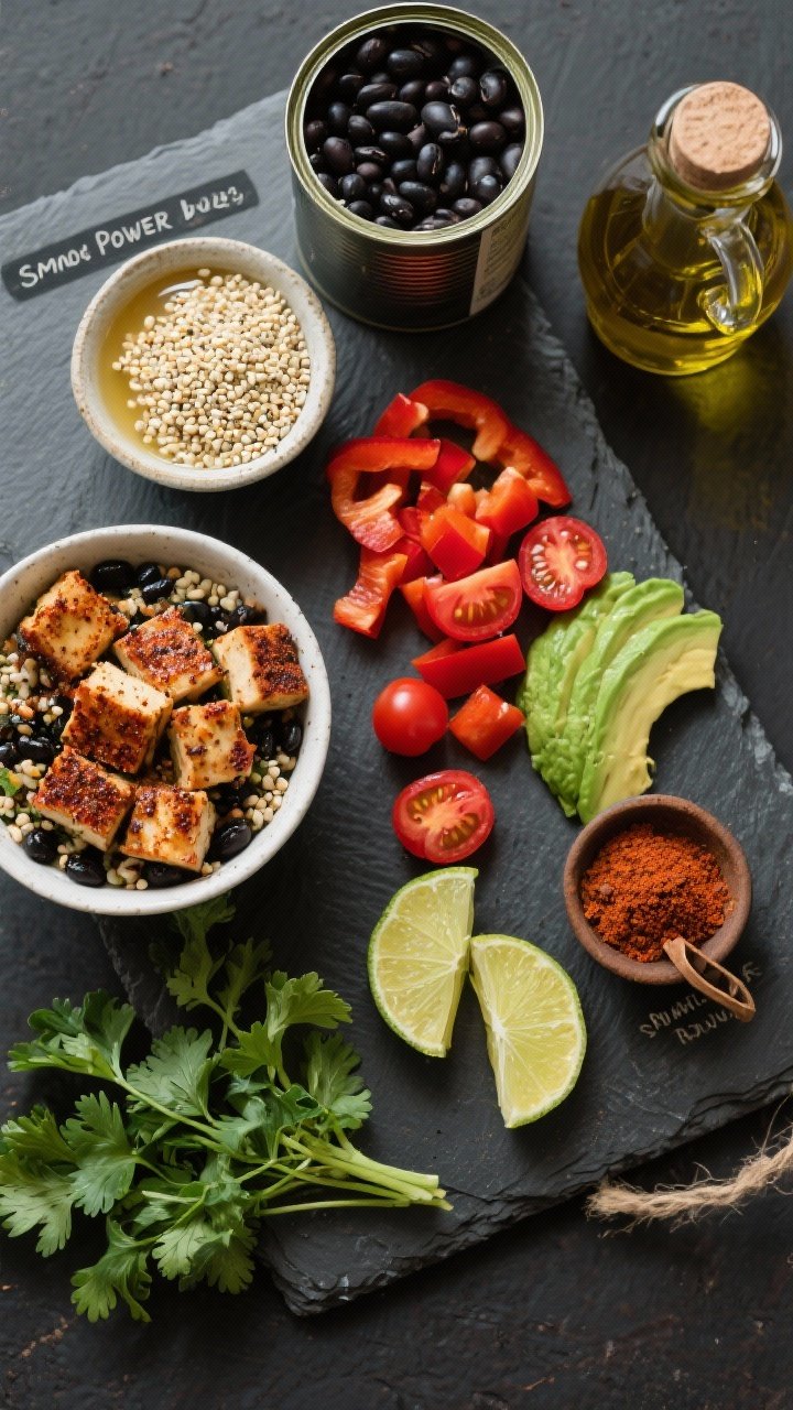 Overhead ingredient flat lay for Smoky Tempeh and Black Bean Quinoa Power Bowls: uncooked rinsed quinoa in a small bowl with vegetable broth nearby, cubed tempeh dusted with smoky seasoning, a can of drained black beans, diced red bell pepper, halved cherry tomatoes, sliced avocado, lime wedges, and a small bowl of cumin-smoked paprika blend; fresh cilantro bunch and olive oil drizzle bottle; arranged on a dark slate board with labels implied through placement, vibrant plant-based palette.