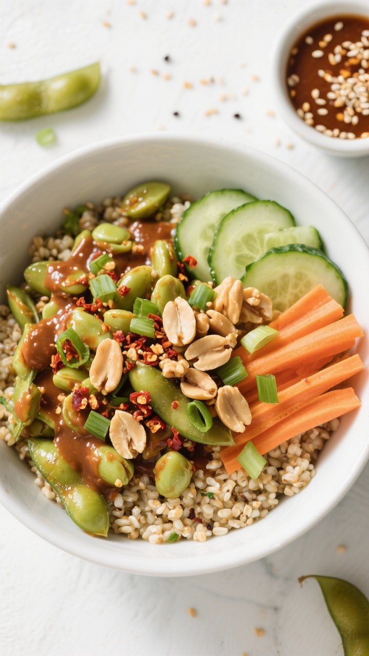 Overhead ingredient-forward bowl for a Spicy Peanut Edamame Bowl with Pickled Crunch: shelled edamame tossed in a spicy peanut sauce over quinoa, topped with quick-pickled cucumbers and carrots, sliced scallions, crushed roasted peanuts, and a sprinkle of chili flakes. Extra peanut sauce in a small dish, sesame seeds scattered, crisp and vibrant, bright daylight styling.