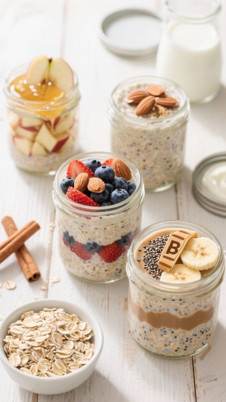 Overhead ingredient-prep and final trio for overnight oats: three clear jars filled to the rim—1) classic cinnamon-apple with diced apple, cinnamon swirl, and a drizzle of honey; 2) berry-almond with layers of blueberries and strawberries, toasted almond slices on top; 3) peanut butter banana with PB ribbon, banana coins, and chia seeds sprinkled; creamy oat base visible with chia specks, lids off to show textures, small bowls of rolled oats, milk, and yogurt nearby on a light wooden surface, bright morning light for a ready-for-the-week feel.