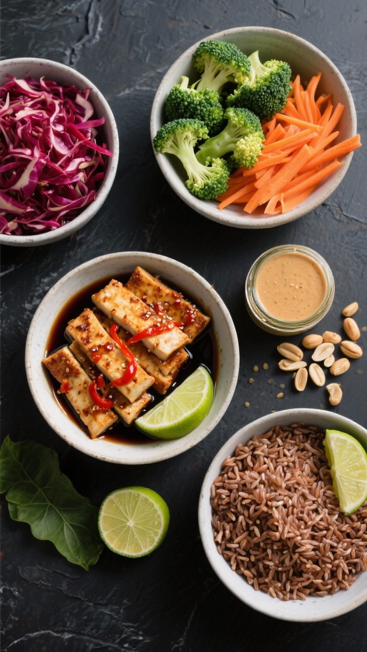 Overhead ingredient-prep flat lay for a spicy tempeh power bowl with peanut-lime dressing: sliced tempeh strips marinating in soy sauce, rice vinegar, sriracha, and a touch of maple syrup; bowls of broccoli florets, shredded red cabbage, julienned carrots, and brown rice; a small jar of creamy peanut-lime dressing with lime halves and chopped peanuts; bright, punchy colors on a dark charcoal surface, neat organized styling, modern vegan vibe.