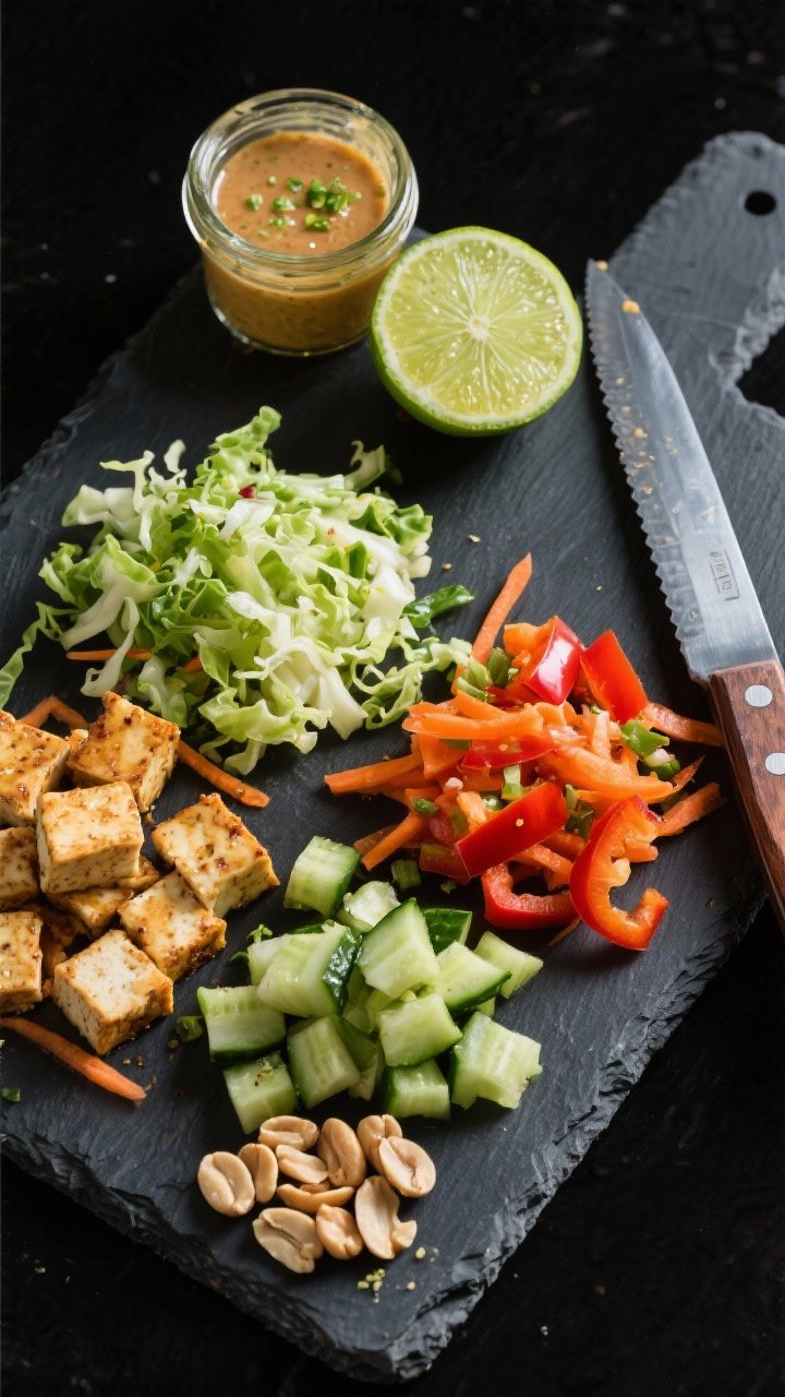 Overhead ingredient-prep flat lay for Crunchy Peanut-Lime Tofu Chopped Salad: neatly arranged components on a dark slate board—extra-firm tofu cubes (patted dry), shredded green or napa cabbage, shredded carrots, chopped bell pepper, chopped cucumber, and chopped peanuts. A small jar of glossy peanut-lime dressing with visible lime zest and a halved lime. Knife and board in frame, vibrant colors against dark background, crisp textures highlighted, no cooking equipment visible.