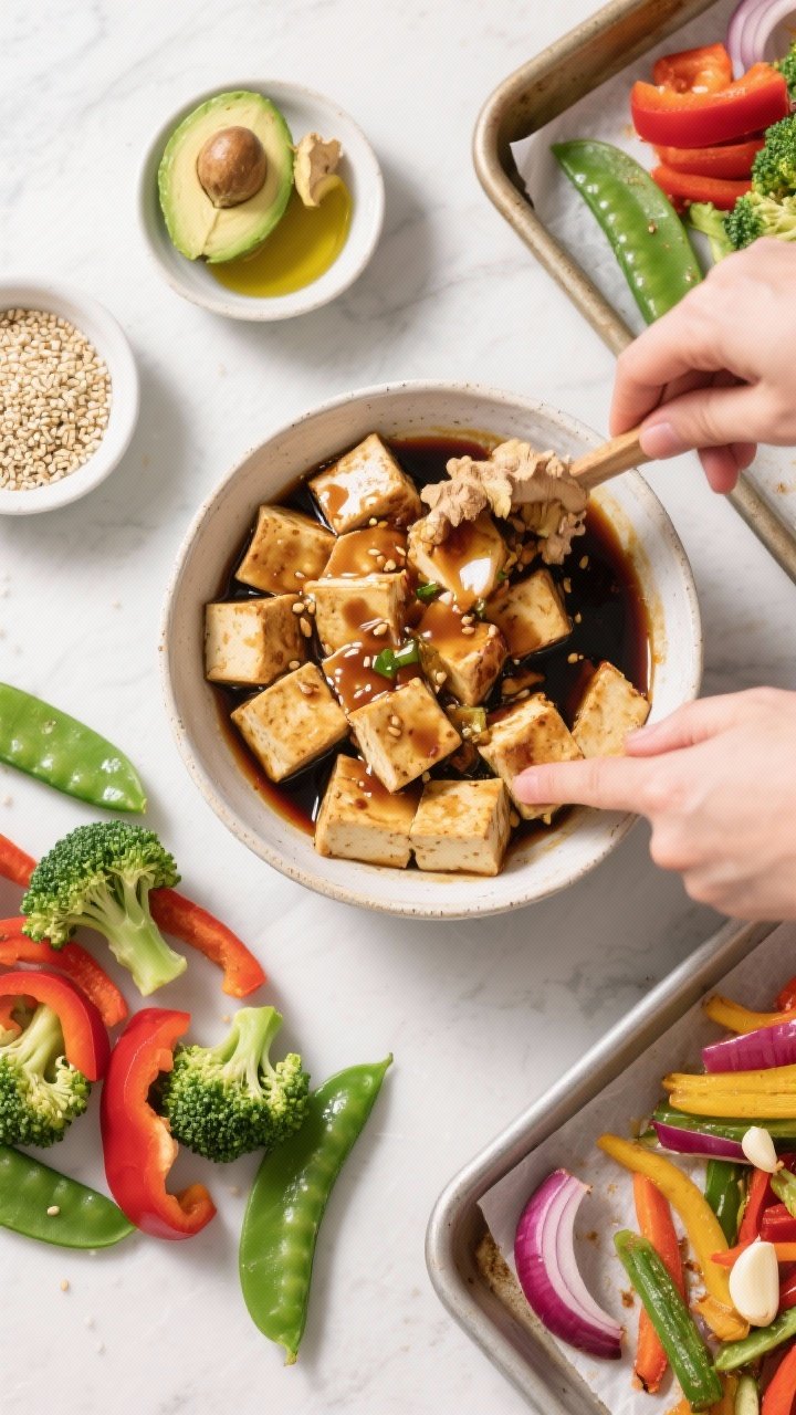 Overhead ingredient-prep flat lay for Ginger-Soy Tofu and Rainbow Veg Crunch: pressed extra-firm tofu cubes in a bowl being tossed with a glossy ginger-soy marinade (soy sauce, fresh grated ginger, garlic, touch of cornstarch for crisping), surrounded by neatly arranged raw vegetables—broccoli florets, sliced red bell pepper, crisp snap peas, and red onion wedges; small dishes of sesame seeds and avocado oil; baking sheet lined with parchment ready for roasting; crisp, modern look with high key lighting.
