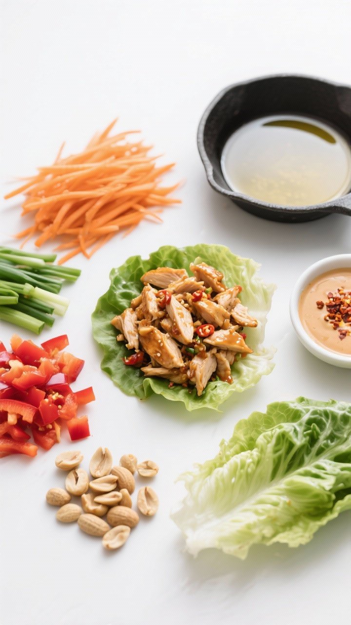 Overhead ingredient-to-assembly scene for spicy peanut chicken lettuce wraps: finely chopped rotisserie chicken tossed with a glossy spicy peanut sauce (peanut butter, chili heat implied), surrounded by neat piles of shredded carrots, finely diced red bell pepper, thinly sliced green onions, chopped roasted peanuts, and crisp butter lettuce leaves. A small skillet with a sheen of neutral oil sits to the side, and a tiny bowl of extra sauce with chili flakes. Bright, punchy colors, clean white background, modern takeout-at-home energy.