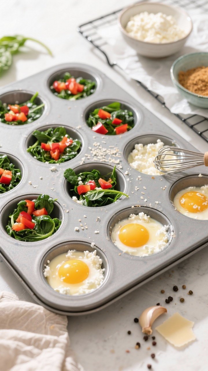 Overhead ingredient-to-assembly shot for cottage cheese egg bites: a muffin tin filled with whisked mixture of eggs, low-fat cottage cheese, grated Parmesan, salt, black pepper, and garlic powder; pockets of chopped spinach and finely diced red bell pepper visible in each cup; nearby bowls hold remaining ingredients; parchment-lined cooling rack ready; bright, cheerful morning light emphasizing creamy curds and colorful veg.