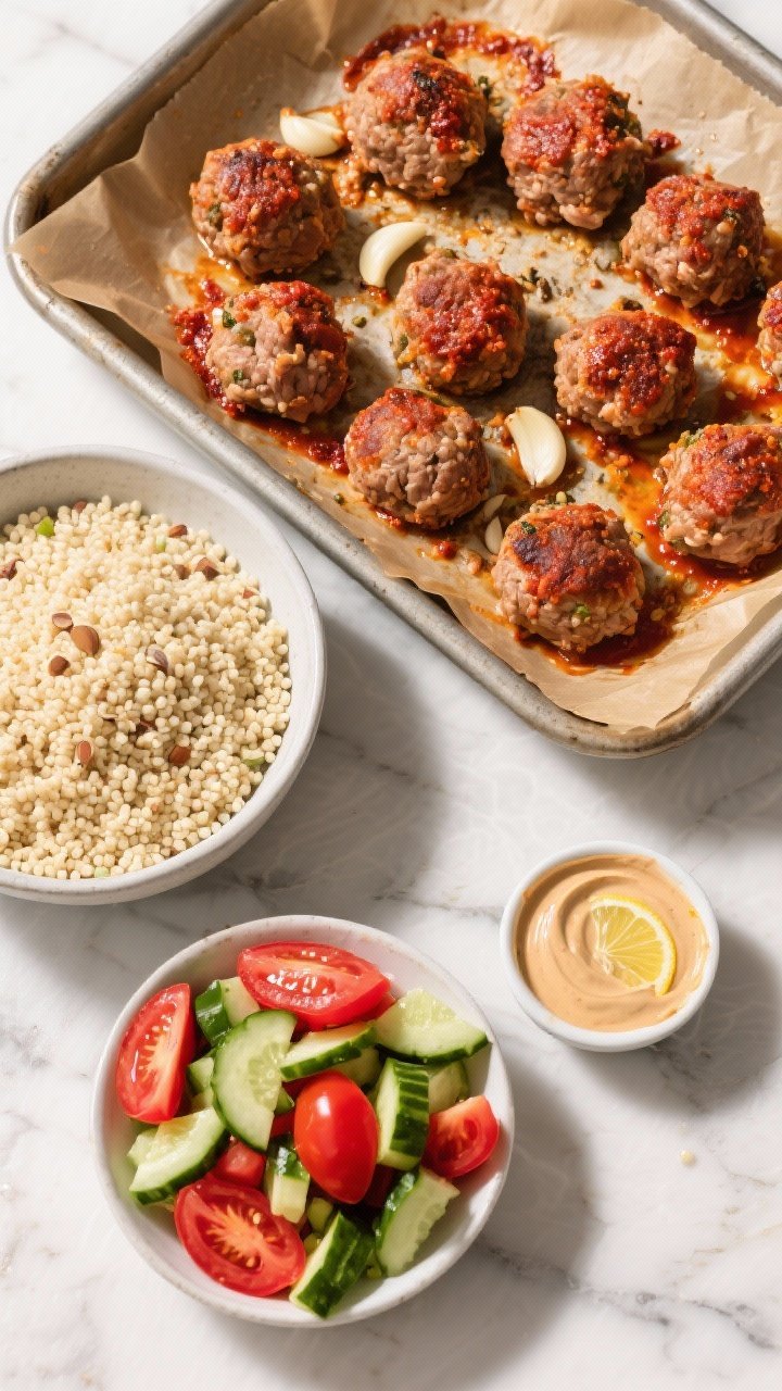 Overhead ingredient-to-assembly shot for harissa turkey meatballs with couscous, cucumber-tomato salad and tahini: a parchment-lined pan of harissa-spiced turkey meatballs (ground turkey mixed with harissa paste, garlic, cumin, smoked paprika, kosher salt, and panko/almond flour) just out of the oven, next to a bowl of fluffy couscous, a vibrant cucumber-tomato salad, and a small dish of creamy tahini sauce with lemon; bold reds and greens, minimal props, bright Mediterranean vibe.
