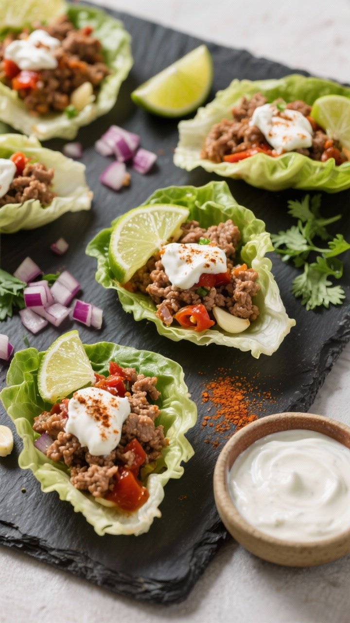 Overhead ingredient-to-assembly shot: Turkey taco lettuce wraps laid out on a slate board—butter lettuce cups filled with lean ground turkey cooked with onion, garlic, tomato paste, chili powder, and cumin. Dollops of chipotle Greek yogurt on top, a few lime wedges, minced red onion and cilantro scattered. Warm, taco-night vibe with a small bowl of the smoky yogurt sauce off to the side.