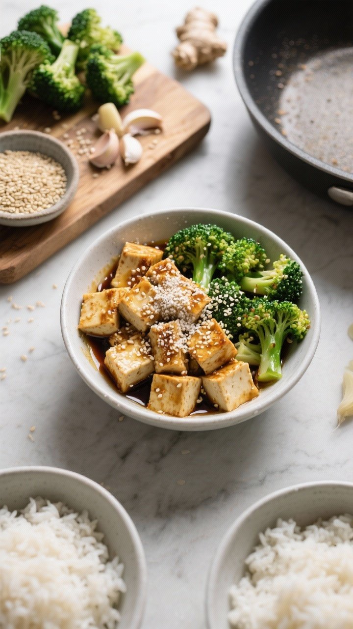 Overhead ingredient-to-cook transition for ginger-garlic tofu power bowls: extra-firm tofu cubes tossed in tamari and dusted with cornstarch sizzling to golden in avocado oil; sesame broccoli on the side glistening with sesame oil; bowls of fluffy rice base ready to assemble. Include minced ginger and garlic on a prep board, a small dish of sesame seeds, and neatly arranged broccoli florets; clean, modern Asian-inspired styling with contrasty light.