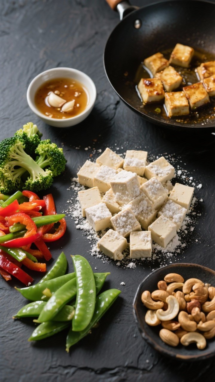 Overhead ingredient-to-cook transition: Speedy tofu stir-fry mise en place on a dark wok-friendly surface. Cubes of extra-firm tofu dusted in cornstarch ready for a hot neutral oil sauté, vibrant broccoli florets, red bell pepper strips, and snow peas arranged in neat piles. A small bowl of glossy garlic-ginger sauce and a dish of roasted cashews. In the corner, a wok with tofu just turning golden. Crisp, clean colors, high contrast for freshness.