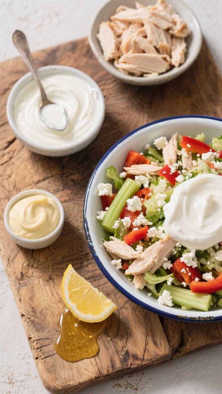 Overhead ingredient-to-final composite for Greek yogurt chicken salad: a rustic wooden board with bowls of chopped or shredded cooked chicken breast, thick 5% Greek yogurt, a small spoonful of mayonnaise, Dijon mustard, lemon juice, and a drizzle of honey; next to a final mixed chicken salad loaded with crunchy veggies (celery, red bell pepper), crumbled feta on top; served in a wide enamel bowl with a spoon trail showing creamy texture; bright, fresh, Mediterranean vibe.