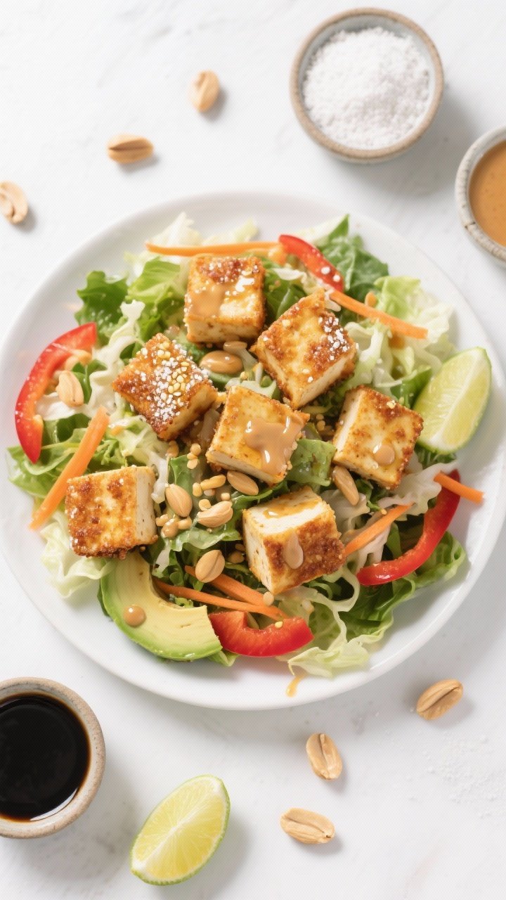 Overhead ingredient-to-finish spread for Crispy Tofu Power Salad: cubes of extra-firm tofu tossed in soy sauce/tamari and dusted with cornstarch, pan-crisped in avocado/olive oil until golden. Plated over mixed greens or shredded cabbage with shredded carrots and thin slices of red bell pepper, drizzled with glossy peanut-lime dressing. Crunchy textures highlighted; peanuts and lime halves scattered; small bowls show cornstarch, soy sauce, and dressing components. Bright, fresh, energetic styling on a matte white surface.