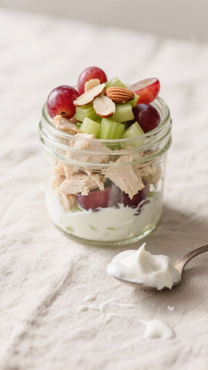 Overhead ingredient-to-jar assembly shot: glass mason jars layered with Greek yogurt chicken salad—chunks of cooked chicken, halved red grapes, finely diced celery, and sliced almonds on top for crunch; an extra dollop of plain Greek yogurt off to the side with a spoon trail; neutral linen, soft daylight, crisp colors emphasizing the creamy white yogurt, ruby grapes, and pale green celery.
