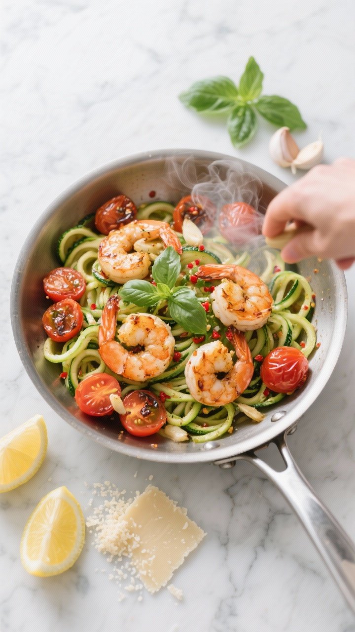 Overhead ingredient-to-pan action shot for a Garlicky Shrimp Zoodle Bowl with Burst Tomatoes: spiralized zucchini “zoodles” in a wide skillet with sizzling garlicky shrimp, blistered cherry tomatoes that have just burst, and a sprinkle of red pepper flakes. Fresh basil leaves, lemon halves, and grated Parmesan set to the side. Steam visible, stainless pan on a marble surface, bright and fresh.