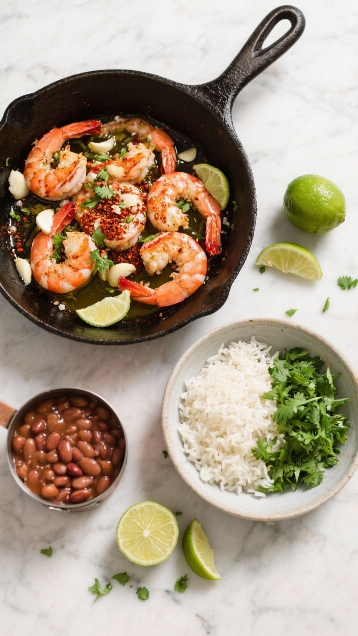 Overhead ingredient-to-pan moment for garlic-lime shrimp, cilantro rice and pinto bean bowl: raw large shrimp tossed with olive oil, minced garlic, chili powder, ground cumin, kosher salt, lime zest and lime juice, arranged next to a hot skillet; prepped cilantro-lime rice in a separate bowl, warm pinto beans in a small pot; sliced limes and chopped cilantro scattered; bright, zesty color palette with reds and greens, clean mise en place on a light marble surface.