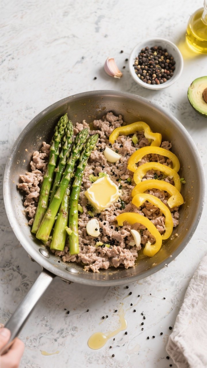 Overhead ingredient-to-pan transition for Black Pepper Turkey & Asparagus With Garlic Butter Drizzle: crumbled 93% lean ground turkey browning in the center of a stainless skillet, bright asparagus pieces (2-inch) and yellow bell pepper slices arranged in arcs ready to be stirred in. A pat of melting butter infused with minced garlic pooling at the edge, coarse black pepper visibly cracked across the turkey. Neutral stone countertop, small bowls of peppercorns, garlic cloves, and avocado oil to the side. Clean, bright lighting for freshness.