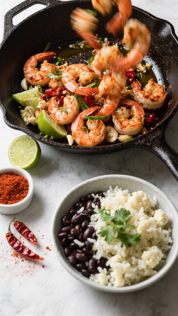 Overhead ingredient-to-pan transition for Chili-Lime Shrimp With Cauliflower “Rice and Beans”: large shrimp tossed with olive oil, chili powder, smoked paprika, cayenne, kosher salt, lime zest and juice, and minced garlic ready to hit a hot skillet; adjacent bowl of cauliflower rice folded with black beans and a sprinkle of chopped cilantro; lime halves, chili powder spill, and a small ramekin of paprika styled around a cast-iron pan; punchy colors, high clarity, slight motion blur of shrimp being added.