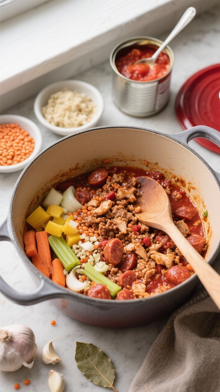 Overhead ingredient-to-pot scene for red lentil and chicken sausage Bolognese: Dutch oven with browned Italian chicken sausage crumbles, red lentils scattered in, diced yellow onion, carrots, celery, and minced garlic sweating; a can of crushed tomatoes open with spoon, bay leaf on the side. Rich tomato-red hue beginning to bloom, wooden spoon resting across the pot. Cozy weeknight mood, organized mise en place around the pot, natural window light.