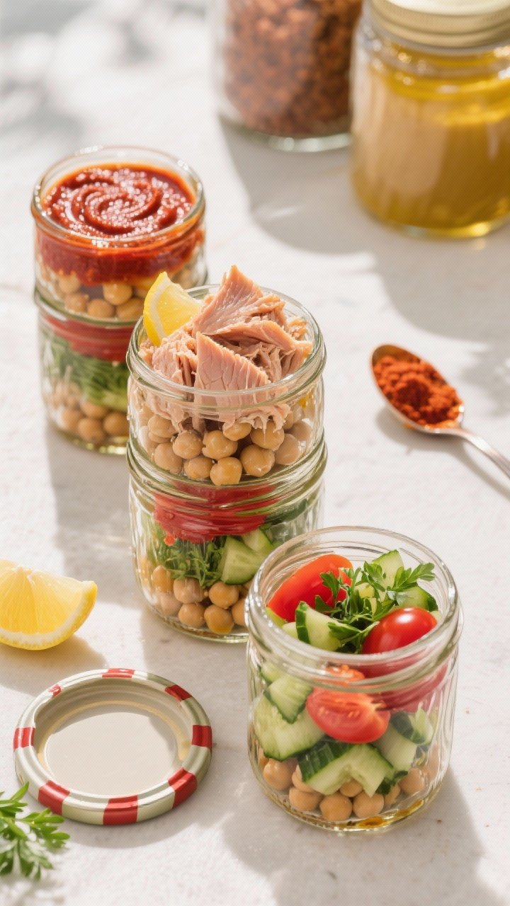 Overhead jar assembly: four glass mason jars layered with chickpeas, flaked tuna in water, harissa paste swirled with lemon juice and olive oil, a faint drizzle of honey, then chopped cucumbers, cherry tomatoes, and parsley; vibrant reds and golds of harissa against cool greens; lids off, small spoon with harissa nearby; bright, sunlit Mediterranean pantry style.