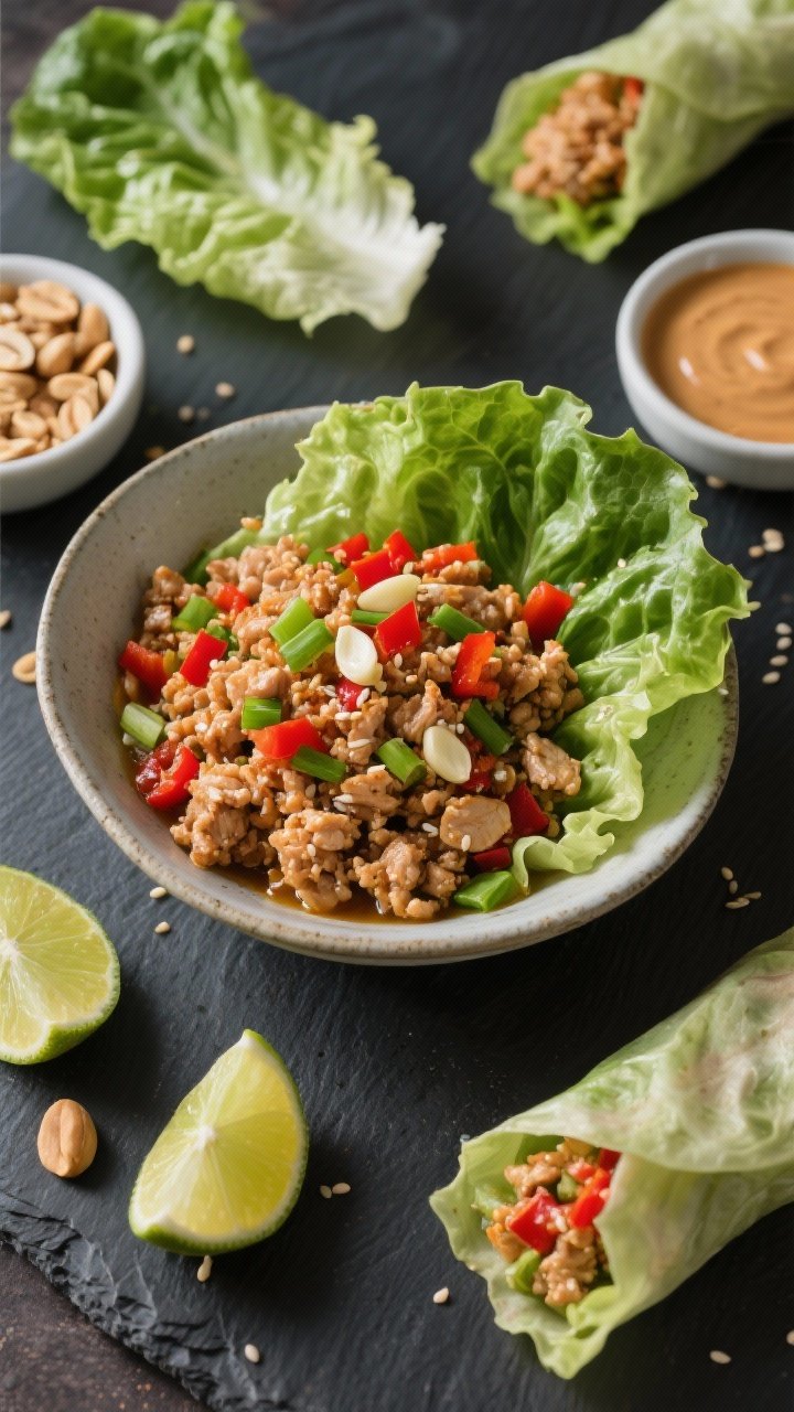 Overhead lettuce wrap assembly: Spicy peanut ground chicken filling in a shallow bowl—minced chicken with sesame oil gloss, garlic and ginger aromatics, finely diced red bell pepper, and green onions; butter lettuce leaves arranged around; small bowls of crushed peanuts, lime wedges, and extra peanut sauce; vibrant, crunchy textures emphasized on a dark slate.
