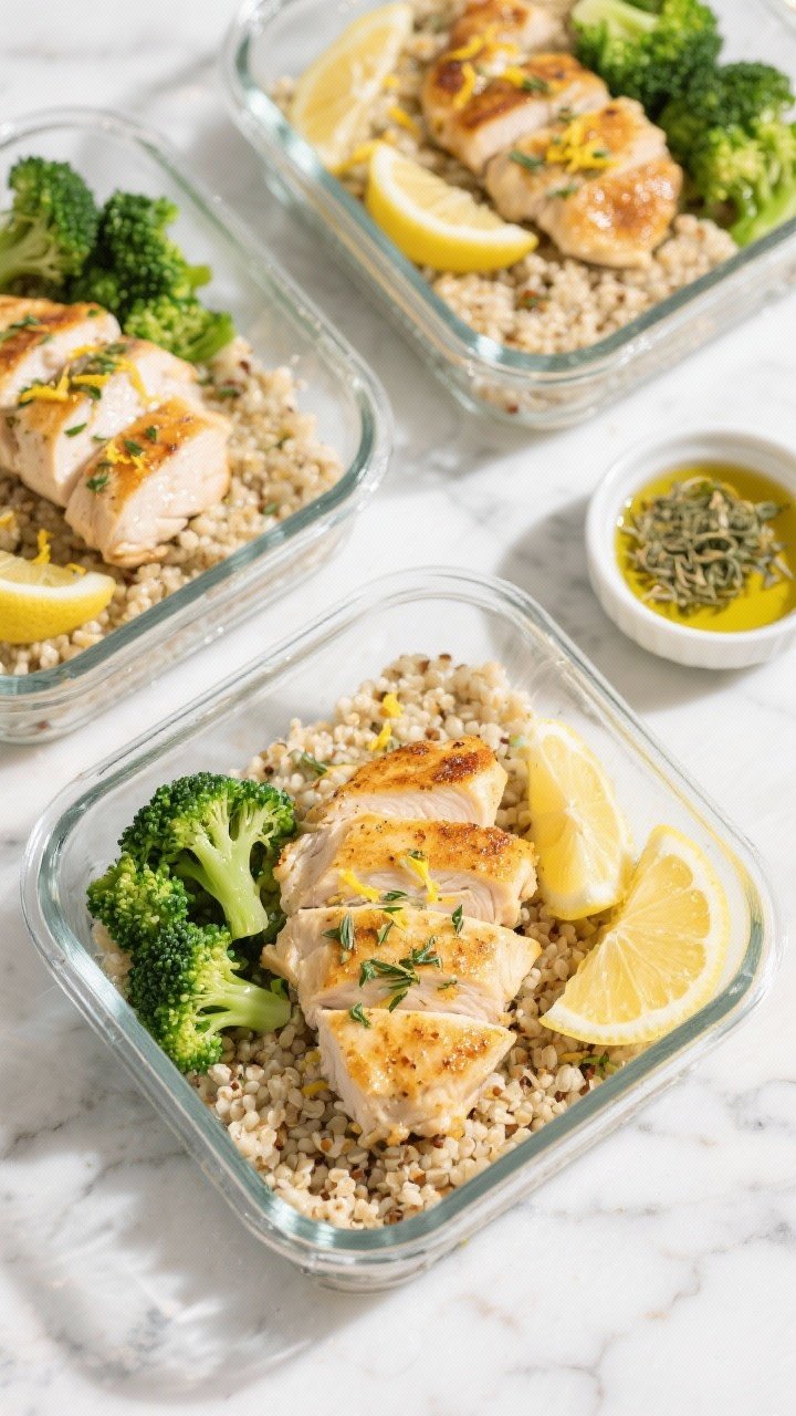 Overhead meal-prep flat lay: lemon herb chicken cutlets seared with golden edges, sliced over fluffy quinoa, bright-steamed broccoli florets, lemon zest sprinkled and lemon wedges on the side, a small dish of olive oil and a pinch of dried herbs visible; arranged in neat glass meal-prep boxes on a light marble surface, clean and simple styling, crisp greens and warm neutrals, natural daylight, high-protein wholesome vibe.