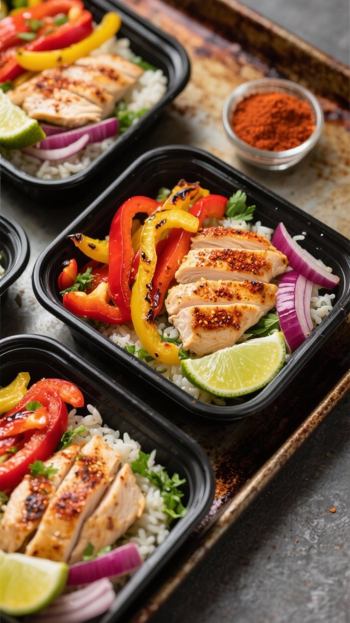 Overhead meal-prep flat lay of zesty chicken fajita bowls: thinly sliced boneless skinless chicken breasts seared with chili powder in olive oil, nestled beside ribbons of red and yellow bell peppers and sliced red onion over cilantro-lime rice in black meal prep containers; lime wedges and a small ramekin of chili powder on a rustic sheet pan, warm color palette, charred edges on peppers, glossy sheen from olive oil, vibrant Tex-Mex vibe, no people, crisp studio lighting.