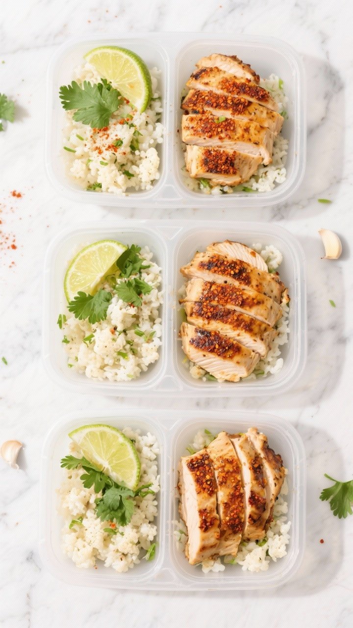 Overhead meal-prep shot: four compartmentalized bowls filled with chili-lime chicken breast slices seared with a chili powder, cumin, smoked paprika rub, resting on fluffy cilantro cauliflower rice studded with lime zest; lime wedges, fresh cilantro leaves, and a sprinkle of garlic powder visible; bright, zesty mood on a light marble surface, clean modern containers, natural daylight, crisp textures and char on chicken.