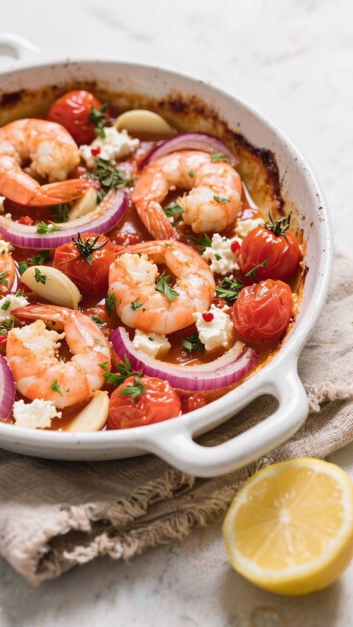 Overhead Mediterranean bake of Greek shrimp with tomatoes and feta in a white enamel pan: plump pink shrimp with burst cherry tomatoes, thin red onion slices, garlic slivers, olive oil, dried oregano, and a pinch of red pepper flakes; crumbles of feta melting into tomato juices, sprinkled with fresh parsley; rustic linen and a lemon half nearby.