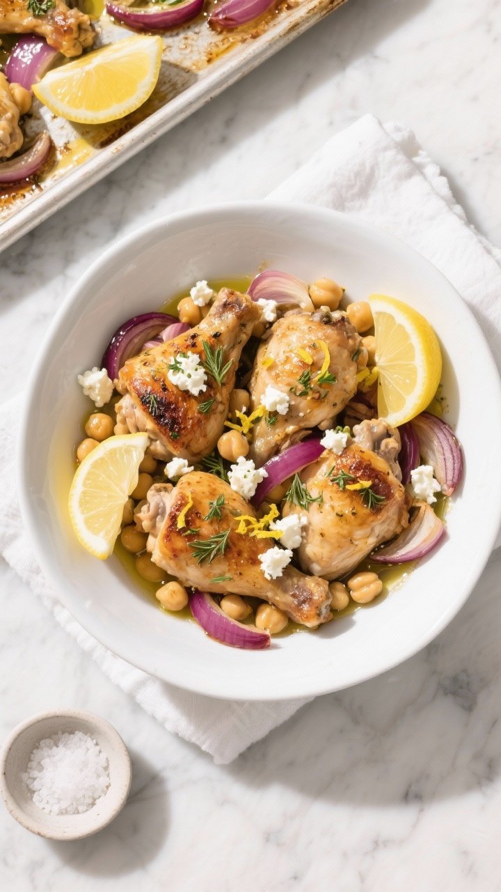 Overhead Mediterranean sheet-pan-to-bowl transition: lemon herb Greek chicken thighs cooked until golden with chickpeas, red onion slices, and sliced garlic; visible lemon zest flecks and lemon halves squeezed nearby, glistening extra-virgin olive oil sheen. Finished with crumbled feta and a sprinkle of oregano, served in a wide shallow white bowl. Cool tones, sunlit marble, fresh, zesty, herb-forward mood, clean styling with a small dish of sea salt.