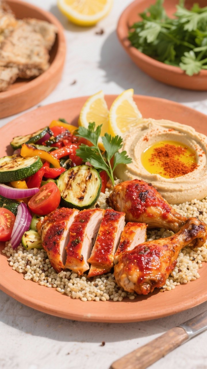 Overhead Mediterranean spread: Harissa Chicken thighs roasted to a fiery red glaze (harissa paste, olive oil, lemon juice, honey, cumin, kosher salt) sliced and fanned over fluffy quinoa; roasted veggie medley (zucchini, red onion, cherry tomatoes, peppers) and a generous dollop of hummus with olive oil and paprika; fresh parsley and lemon wedges; sunlit, airy styling with terra-cotta accents.