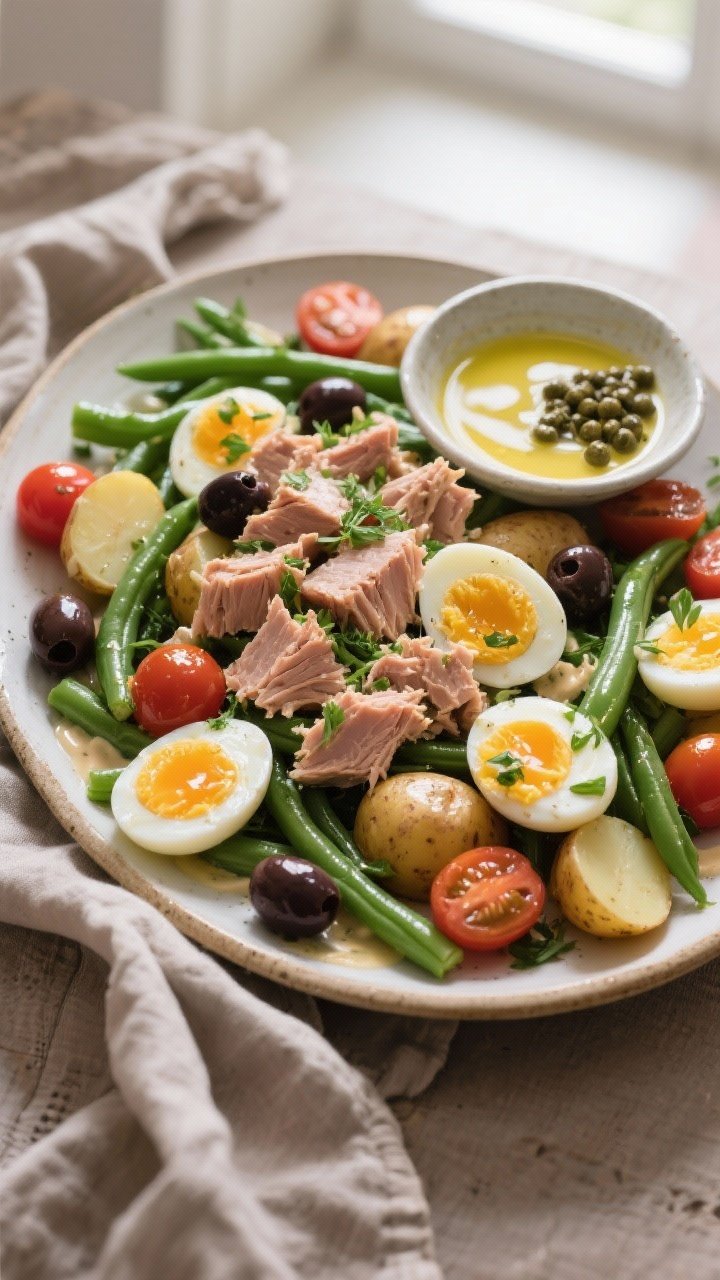 Overhead Niçoise-style composition: Creamy Tuna Niçoise With Herby Green Beans arranged on a large platter—tuna packed in olive oil flaked into tender chunks; jammy halved eggs, tender-crisp green beans tossed with herbs, baby potatoes halved and glistening, cherry tomatoes, and niçoise or Kalamata olives; a small dish of creamy Dijon-lemon dressing and capers on the side; rustic French mood, muted linens, soft window light, balanced, elegant.