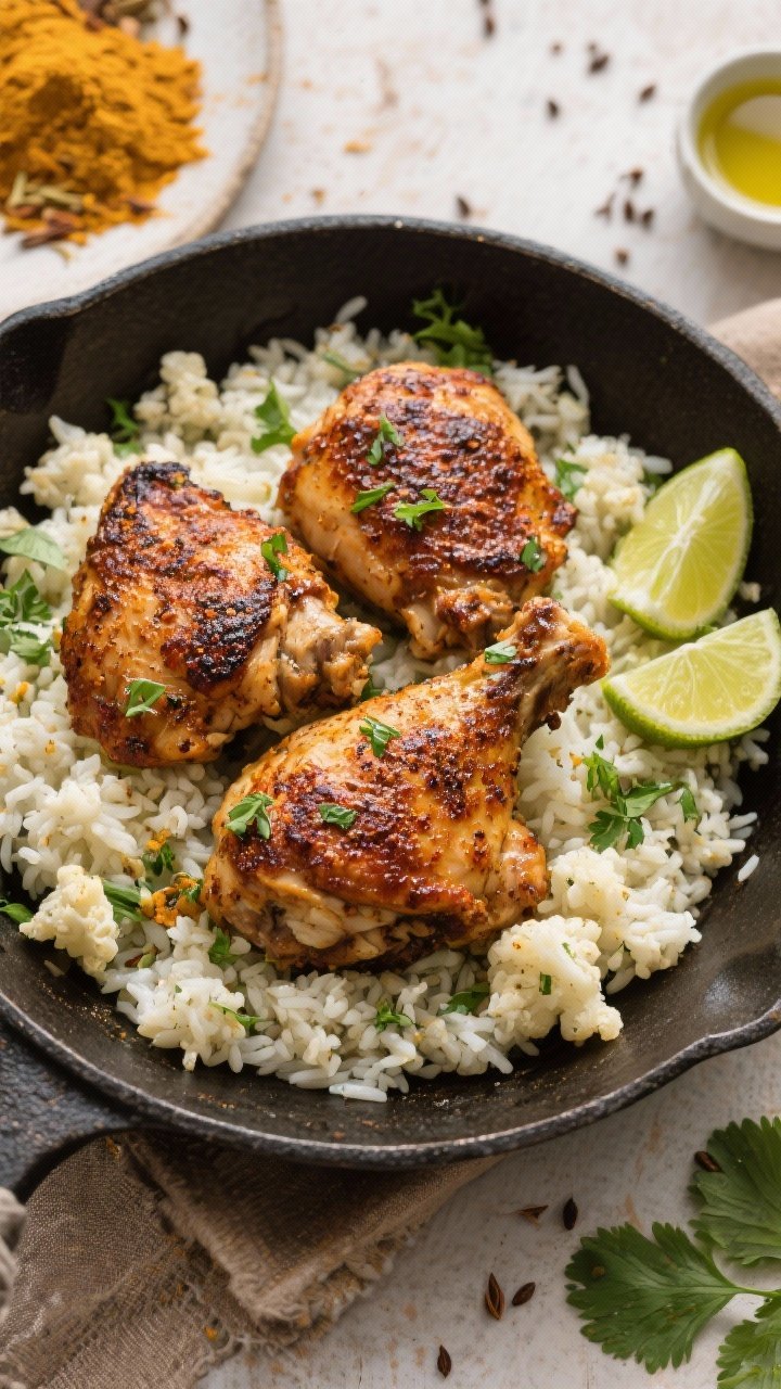 Overhead one-pan scene: Garam masala chicken thighs seared and nestled on coconut-lime cauliflower rice—warm spices (garam masala, coriander, turmeric, cumin) dusting the browned chicken; fluffy cauliflower rice flecked with lime zest and cilantro; a drizzle of olive oil and lime wedges on the side; saturated colors with a cozy, spice-forward ambiance.