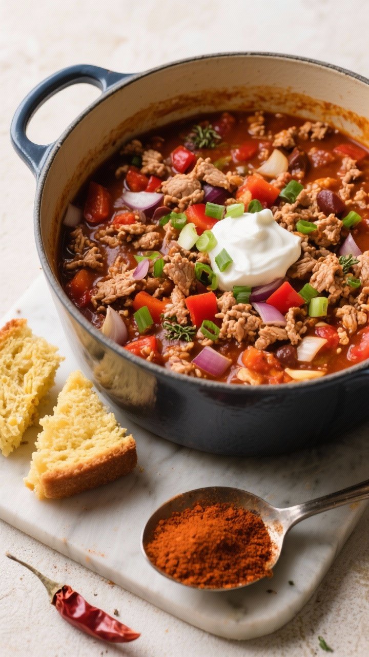 Overhead one-pot scene: a Dutch oven filled with cozy turkey chili—lean ground turkey crumbles, diced onion, red bell pepper, garlic, chili powder, cumin, smoked paprika, oregano—rich, thick, and hearty; garnished with chopped scallions and a dollop of sour cream, with cornbread wedges and a ladle nearby; warm, inviting, batch-cook mood.