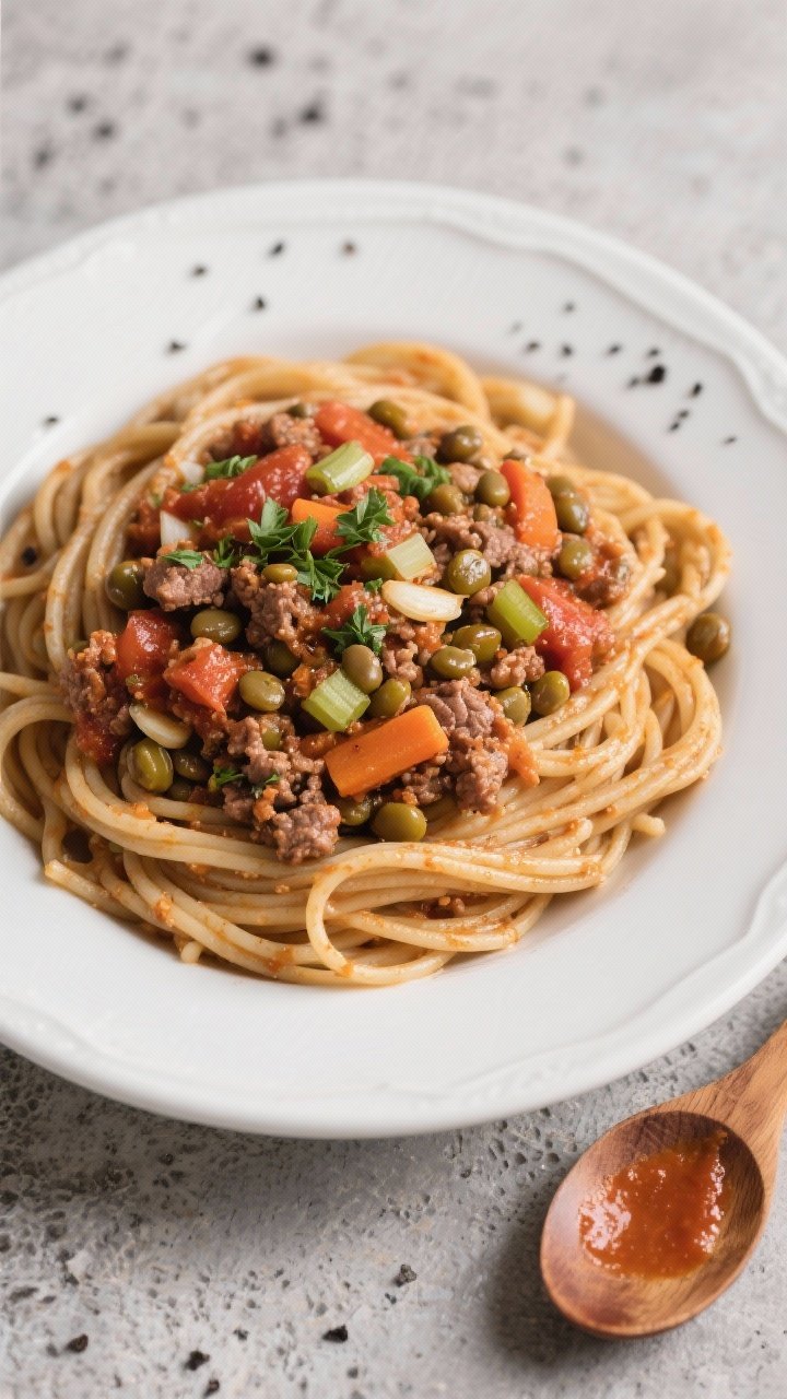 Overhead pasta plate: Budget bolognese with hidden lentils over whole wheat pasta. Whole wheat spaghetti swirled into a nest, topped with a rich bolognese made from olive oil, finely chopped onion, carrots, celery, minced garlic, ground beef or turkey, and tender lentils simmered in tomatoes. Sauce clings to strands; sprinkle of parsley and a dusting of black pepper. Shallow white bowl on stone surface, a wooden spoon with sauce smear nearby.