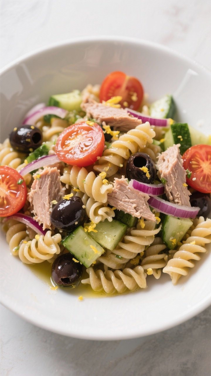 Overhead pasta salad bowl: whole-wheat (or chickpea) pasta spirals tossed with flaky wild tuna, halved cherry tomatoes, diced English cucumber, sliced Kalamata olives, and thin slivers of red onion; olive oil sheen and lemon zest flecks for brightness; served in a wide white ceramic bowl with a chilled, fresh Mediterranean feel.