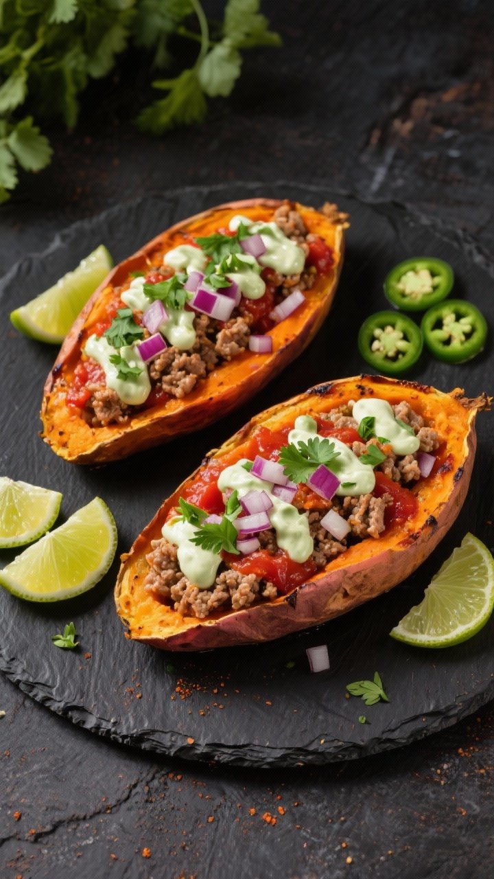 Overhead plated composition of turkey taco stuffed sweet potatoes with lime crema: roasted split sweet potatoes stuffed with spiced lean ground turkey, sautéed onion and garlic, taco seasoning, and tomato sauce; topped with lime crema drizzle, chopped cilantro, diced red onion, and a few jalapeño slices; lime wedges on the side, vibrant contrast of orange, green, and ruby tones on a dark slate plate.