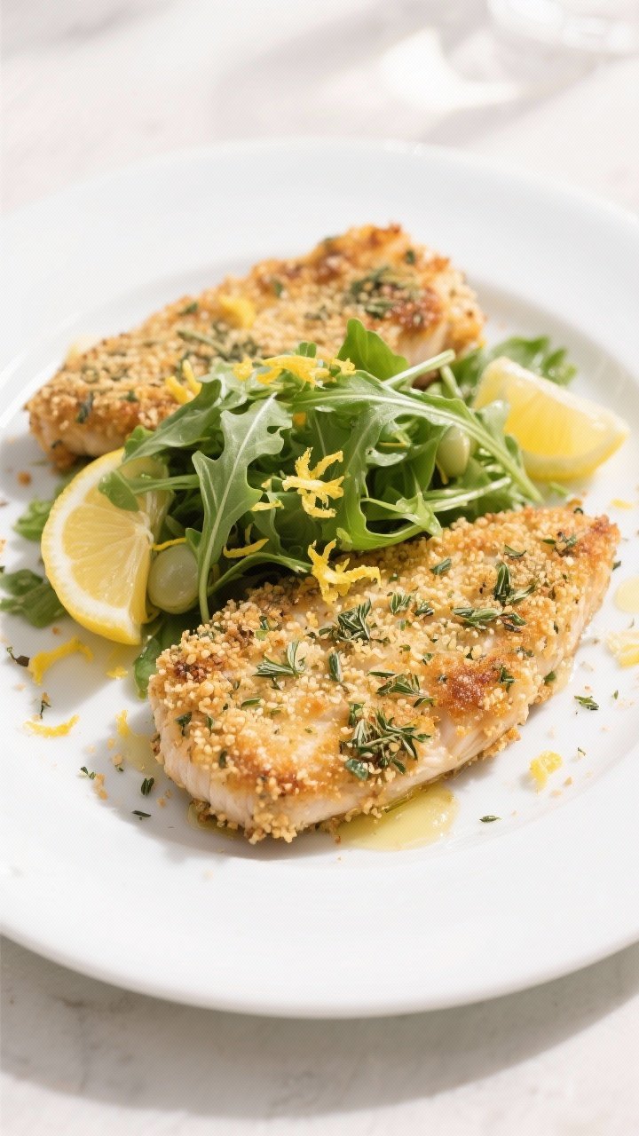 Overhead plated cutlets: herb-crusted chicken cutlets coated in panko breadcrumbs and dried Italian herbs/herbes de Provence, pan-crisped to a golden crunch; topped with a fresh arugula-lemon salad lightly glossed with lemon juice and olive oil, lemon zest scattered; clean white plate, crumbs and zest artfully strewn, bright natural daylight for a crisp, healthy feel.