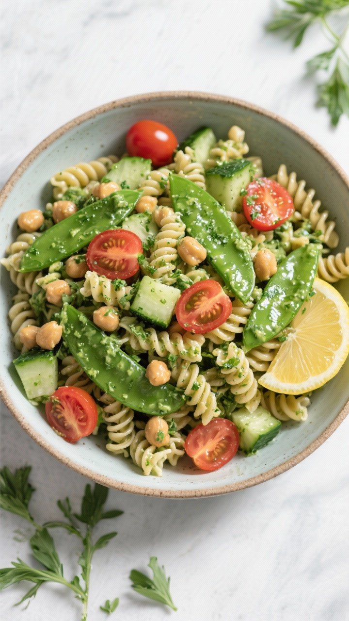 Overhead plated pasta salad in a large serving bowl: whole wheat/chickpea fusilli tossed with chickpeas, halved cherry tomatoes, diced cucumber, and sliced snap peas, coated in a creamy green goddess-style herb dressing. Vibrant green hues, lemon wedge and fresh herbs scattered around. Minimal props, cool daylight for a bright, fresh mood emphasizing crunch and gloss.