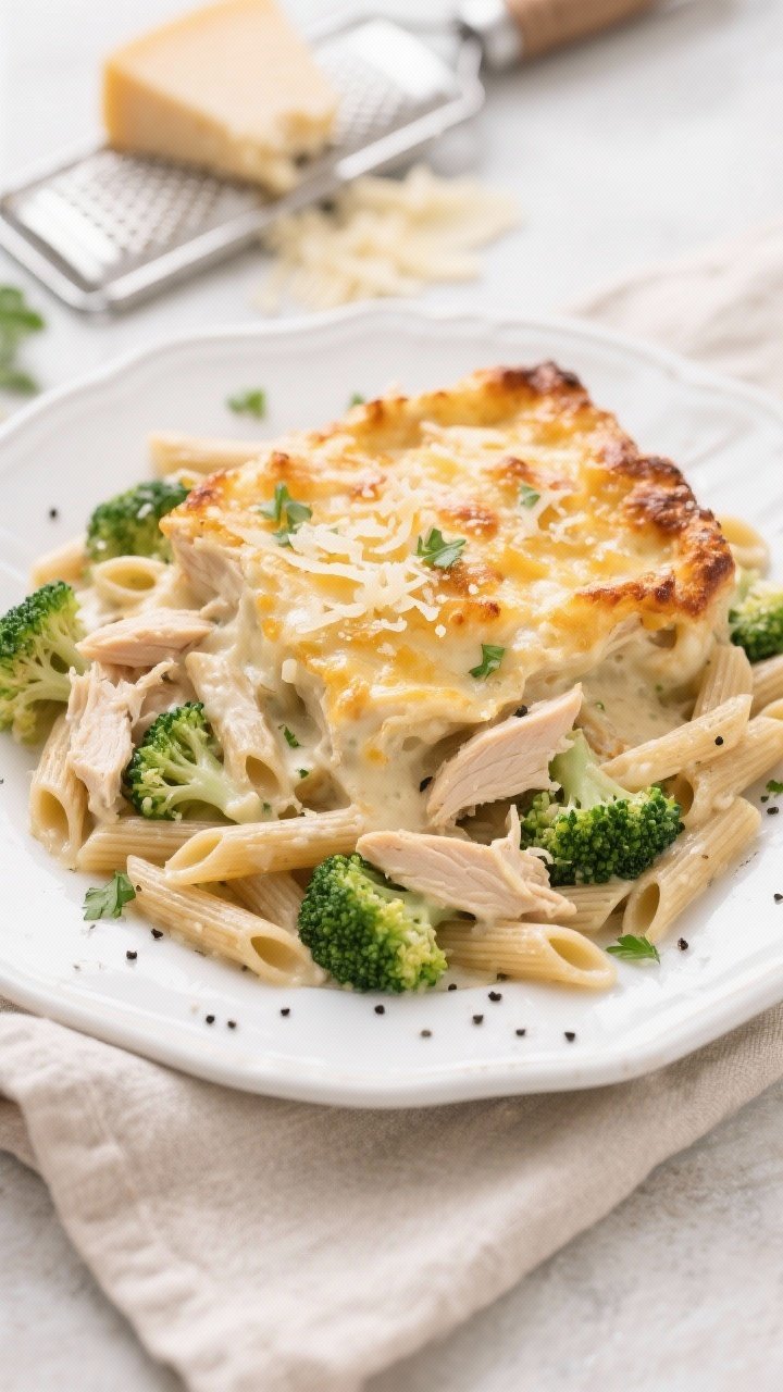 Overhead plated presentation of lighter creamy chicken alfredo bake with broccoli: whole-wheat penne and bright green broccoli florets coated in a velvety 2% milk Alfredo made with butter and flour, folded with shredded cooked chicken breast and a dusting of grated Parmesan. Golden, lightly broiled top with crisped cheese speckles; a serving on a white ceramic plate with extra black pepper and parsley. Neutral linen and a micrograter with cheese shavings in frame; soft daylight for a comfort-food feel.