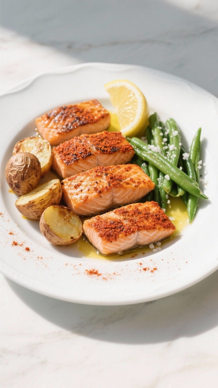 Overhead plated presentation of smoky paprika salmon with crispy potatoes and green beans: four skin-on salmon fillets with a vivid smoked paprika rub, edges lightly charred, flaky texture visible. Halved baby potatoes, deeply browned and crackly, and tender green beans with sea salt crystals. Lemon wedge and a drizzle of olive oil on the salmon, paprika dusting on the plate rim. Clean white ceramic platter, bright daylight for fresh, Mediterranean mood.