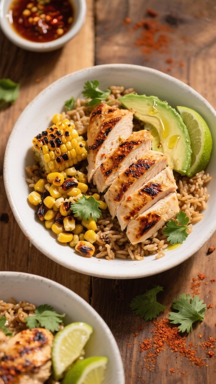 Overhead plated shot: Chili-lime grilled chicken bowls assembled in wide white bowls—sliced grilled chicken breasts with defined char marks, charred corn kernels, creamy avocado slices, lime wedges, and a sprinkle of chili powder, cumin, and smoked paprika on steamed brown rice. Drizzle of olive oil and fresh lime juice glistening, cilantro leaves scattered. Styled on a warm wood surface with a small bowl of chili-lime marinade in frame, bright, zesty mood.