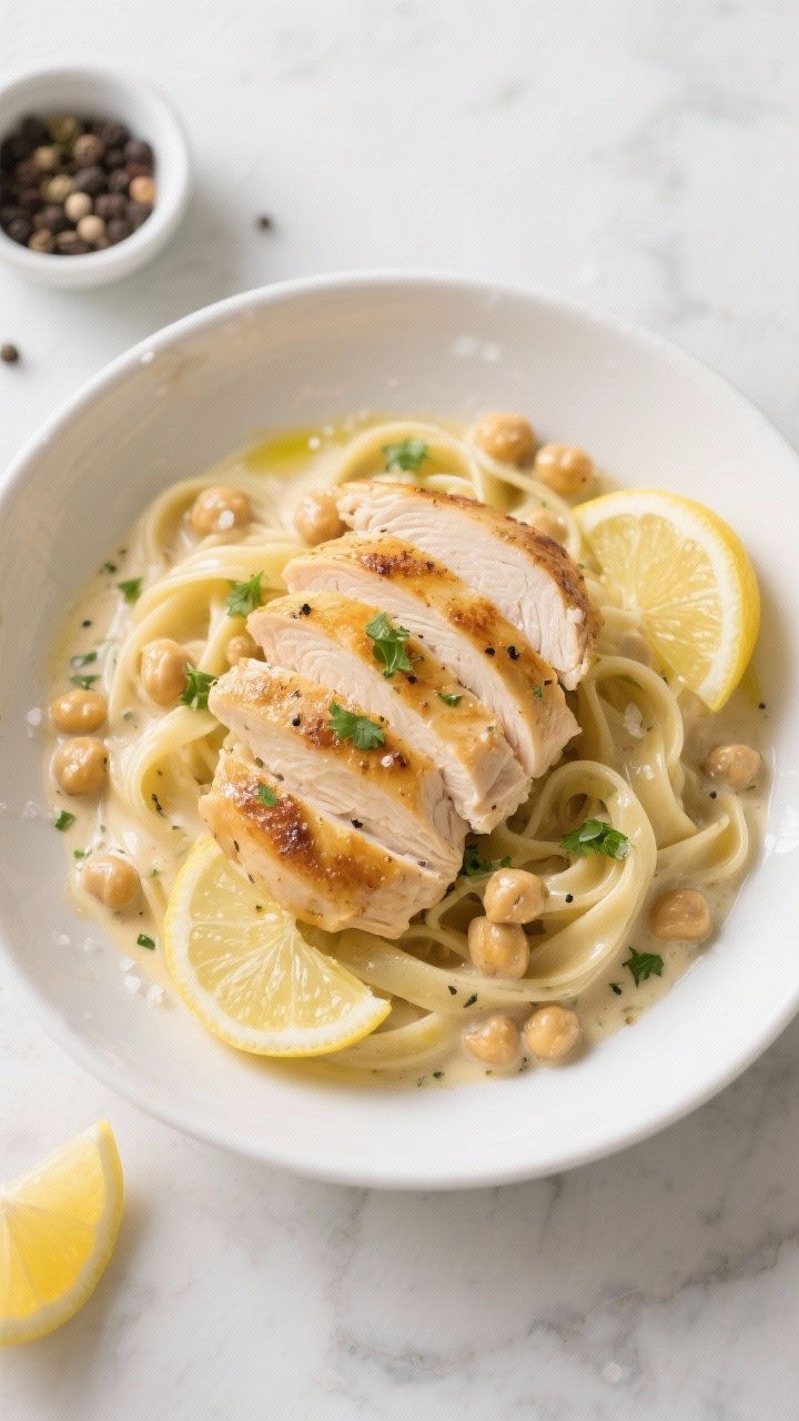 Overhead plated shot: Creamy lemon chicken over chickpea fettuccine in a shallow white bowl. Tender sliced chicken breasts, seared golden in olive oil, nestled atop glossy chickpea “fettuccine” coated in a silky lemon cream, flecks of black pepper and kosher salt visible, fine lemon zest and a few thin lemon rounds for brightness. Garnish with chopped parsley and a light drizzle of olive oil. Set on a light marble surface with a small bowl of cracked black pepper and a lemon half nearby. Soft, airy lighting to emphasize the comforting, hug-in-a-bowl vibe.