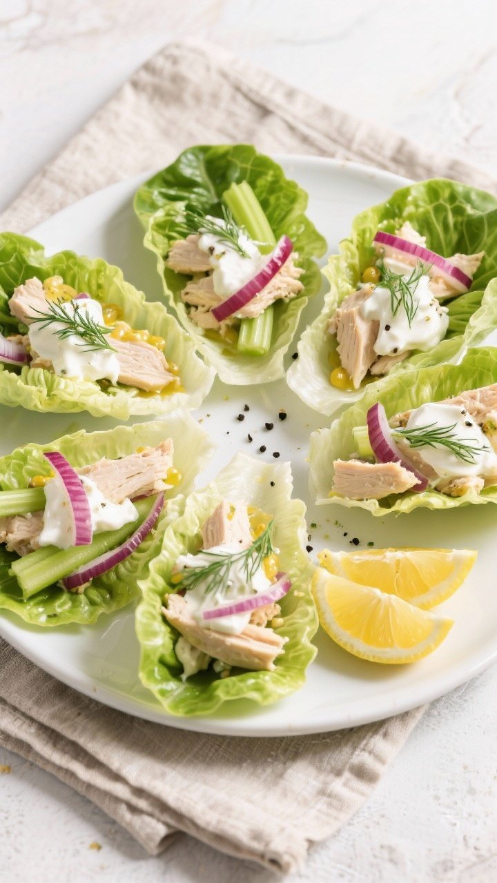Overhead platter: Greek yogurt chicken salad lettuce wraps. Crisp butter or romaine leaves filled with chopped chicken breast bound with plain Greek yogurt, olive oil, lemon juice, Dijon mustard, garlic powder, and a pinch of salt. Add thin celery and red onion slivers for crunch (optional visual), sprinkle fresh dill and black pepper, lemon wedges nearby. Neutral linen, white ceramic platter, bright Mediterranean vibe, clean and fresh.