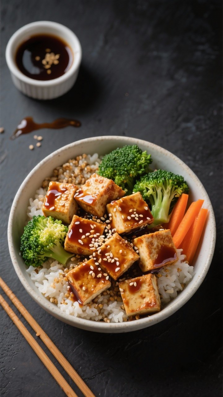 Overhead power bowl composition: crispy teriyaki-glazed extra-firm tofu cubes (cornstarch-crisped, seared in sesame and neutral oil) arranged over fluffy rice or quinoa, with bright broccoli florets and sliced carrots; glossy sauce pooled lightly, sesame seeds sprinkled; small ramekin of extra teriyaki and a drizzle trail, chopsticks resting nearby; vibrant, high-contrast look on a matte dark surface.
